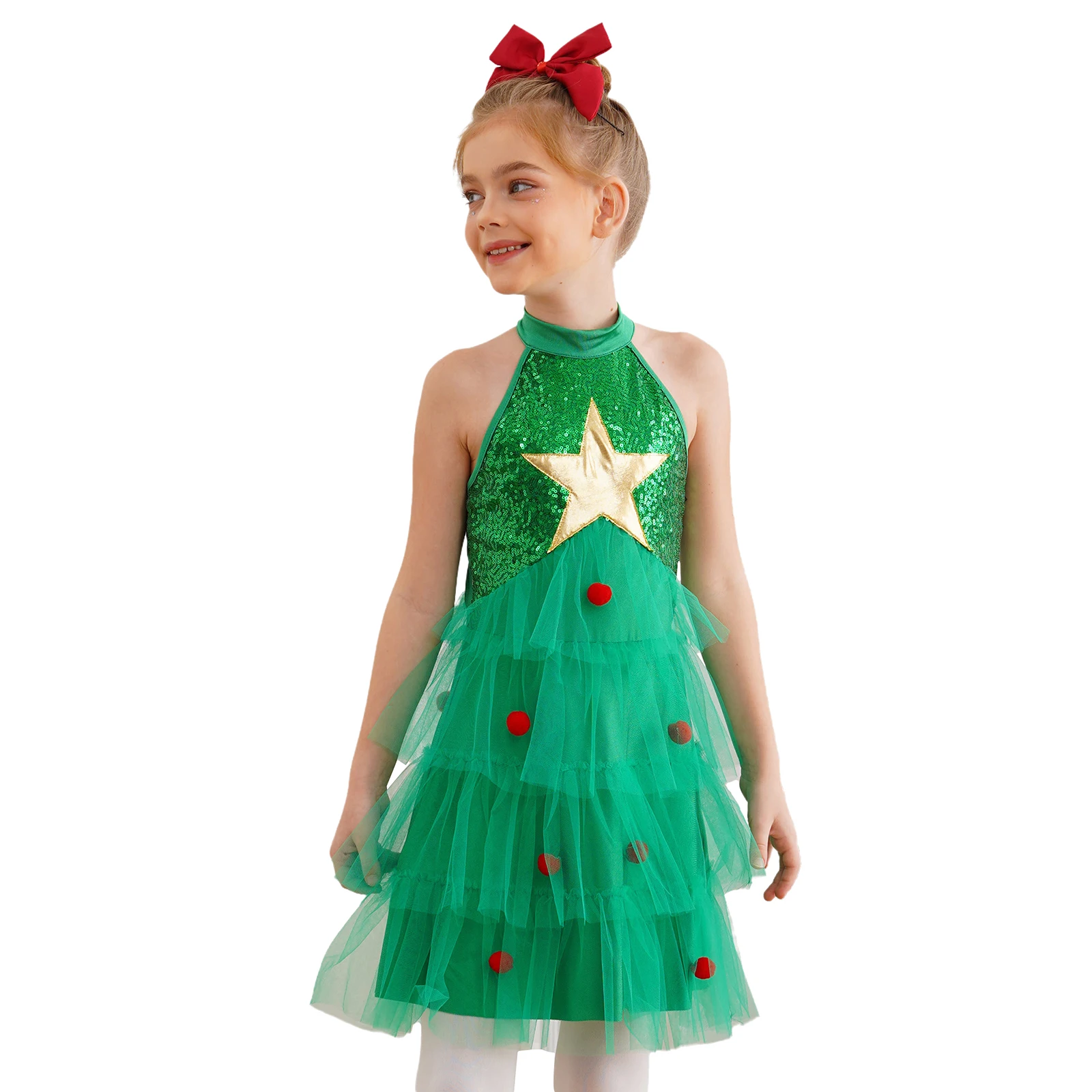 Kids Girls Christmas Tree Costume Xmas New Year Carnival Party Dance Dresses Holiday Gift Sequins Pompoms Tiered Mesh Tutu Dress