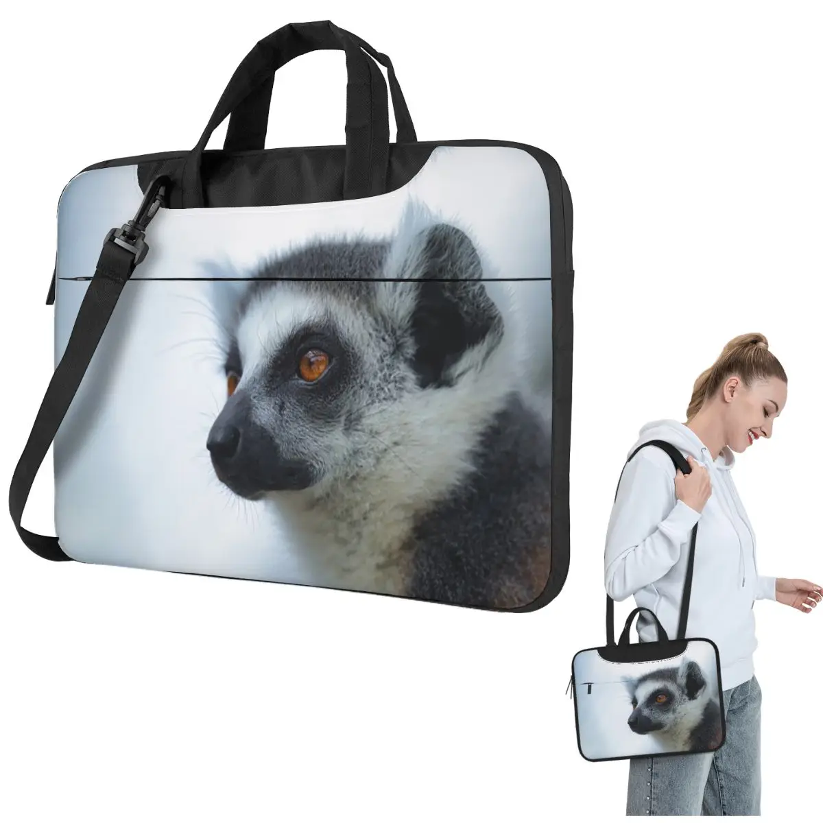 キツネザルのポートレート クローズアップ 野生生物の写真 クロスボディ ラップトップ バッグ ケース コンピューター バッグ 耐久性のある保護ノートブック ポーチ レノボ