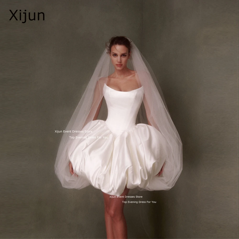 

Xijun Vintage Ivory Short Wedding Dresses Satin Tutu Sleeveless Bridal Gowns Modest Bride Wedding Party Dresses 2025 Customized