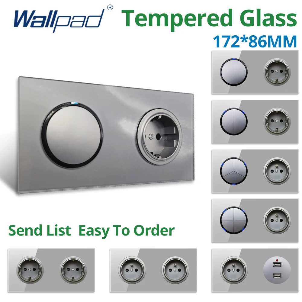 Wallpad Grey Double Glass Panel Wall 1 2 3 4 Gang Switch and USB EU UK Electric Socket Outlet Round Button 172*86mm