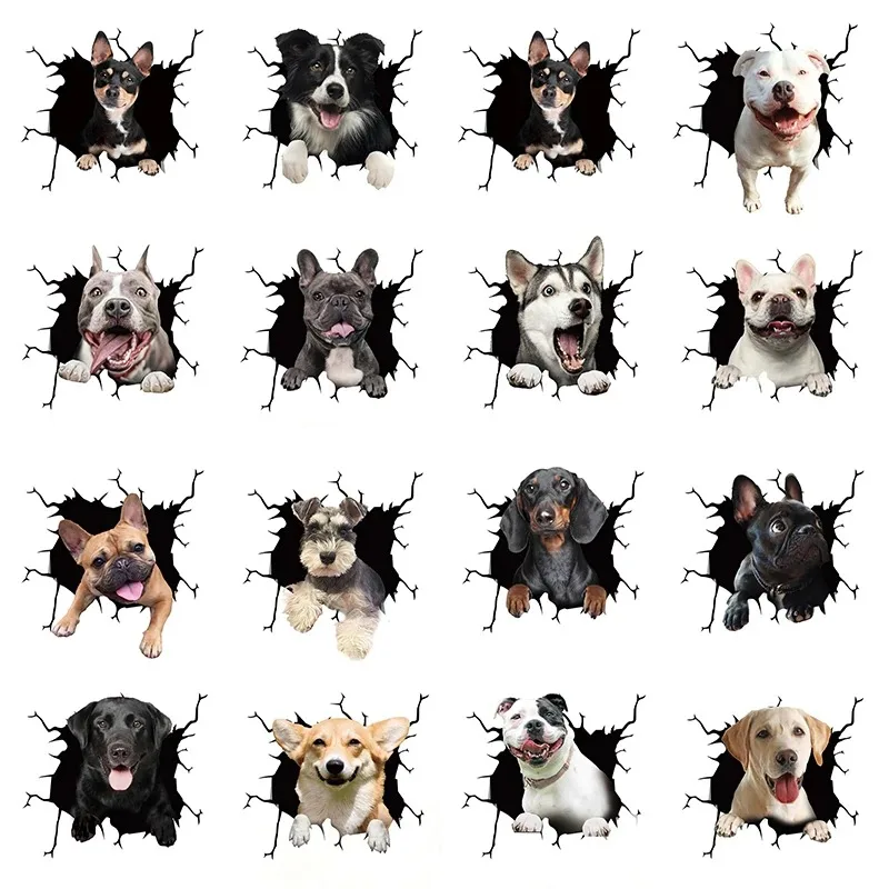 3D Animal Puppy Broken Window Car Stickers Motorcycle Decor Simulation French Bulldog Auto Rear Windows Waterproof Vinyl Decals