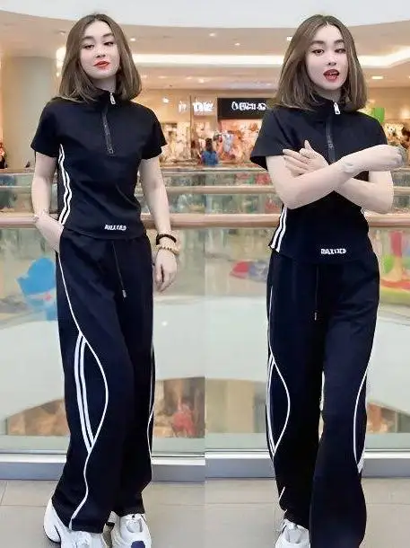 

Summer Fashion Korean Style Slimming Sporty Casual Short Sleeve Wide Leg Pants Thin Two-Piece Set High Waist Cotton Blend