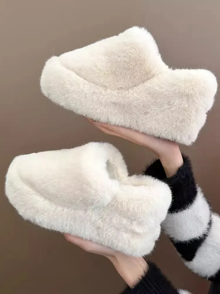 

2023 New Warm Plush Winter Shoes Women Indoor Slippers Platform Thick Sole Slippers Female Indoor Round Toe Fur Slippers Women