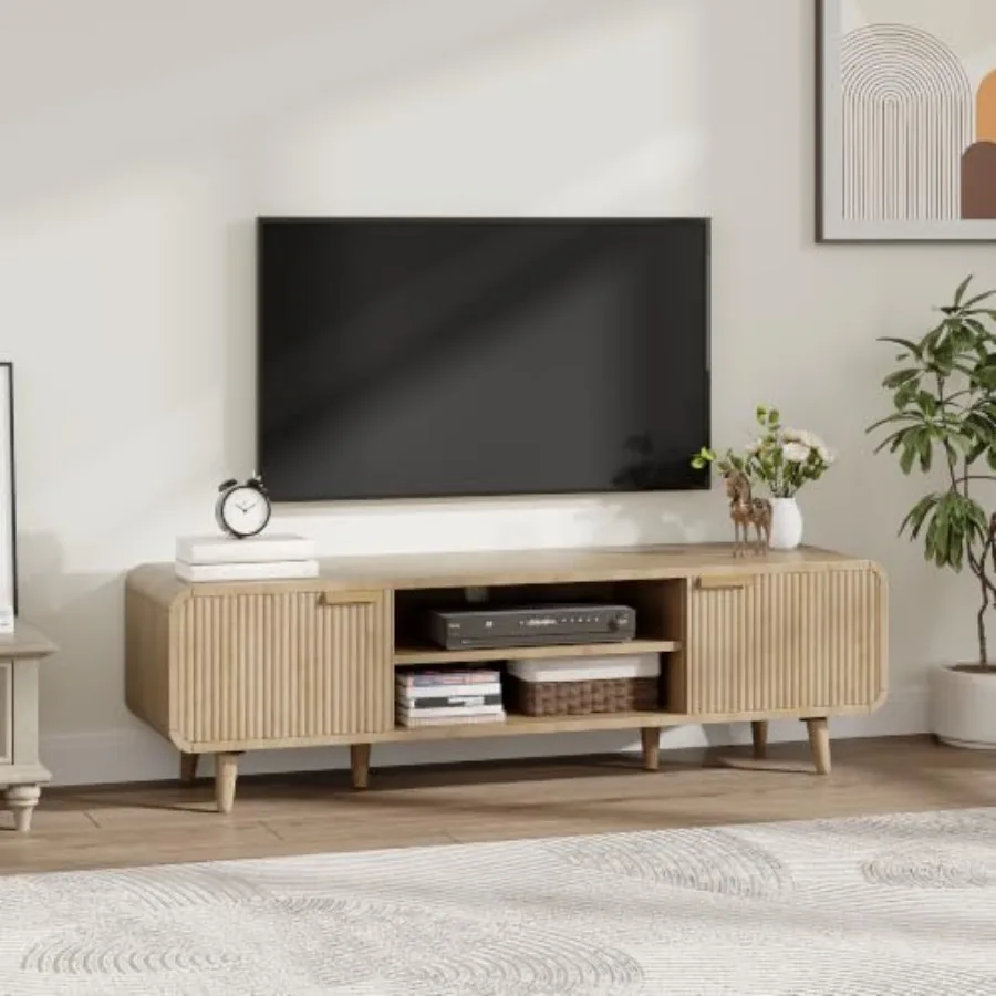 Mid-Century Modern TV Stand Media Console for living room, solid wood, walnut finish, sleek tapered legs and concealed storage