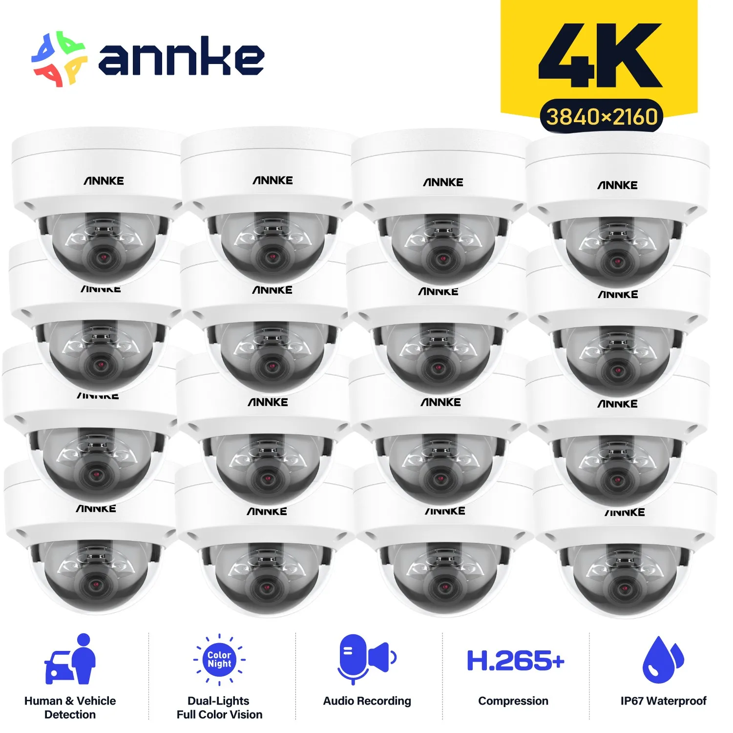 ANNKE 16PCS PoE IP 3K/4K Camera Smart Dual Light Protection Security Camera Motion Detection H.265+ Video Surveillance Cameras