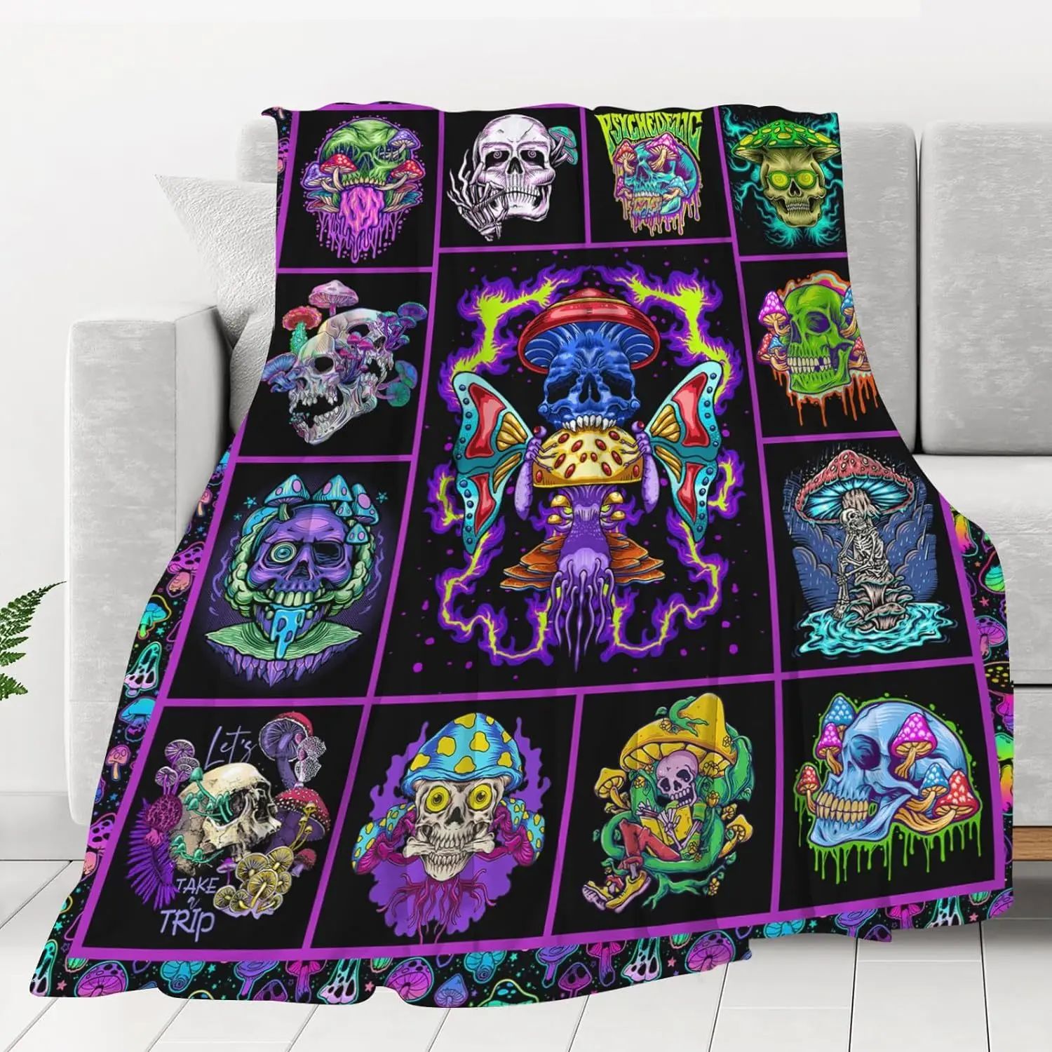 Customized Mushroom Skull Blanket Purple Neon Skull Mushroom Rim Velvet Blanket Gothic Mushroom Skull Adult Gift