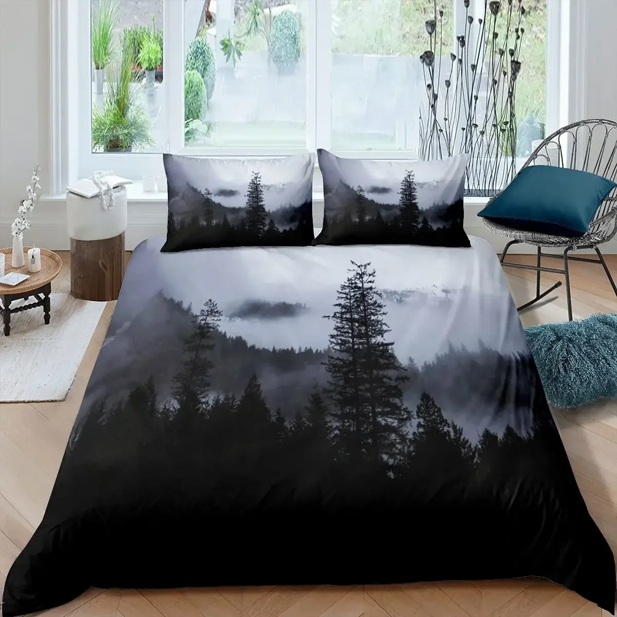 Smoky Mountain Duvet Cover Set Pine Trees Comforter Cover Boys Landscape Quilt Cover Natural Scenery Art Polyester Bedding Set