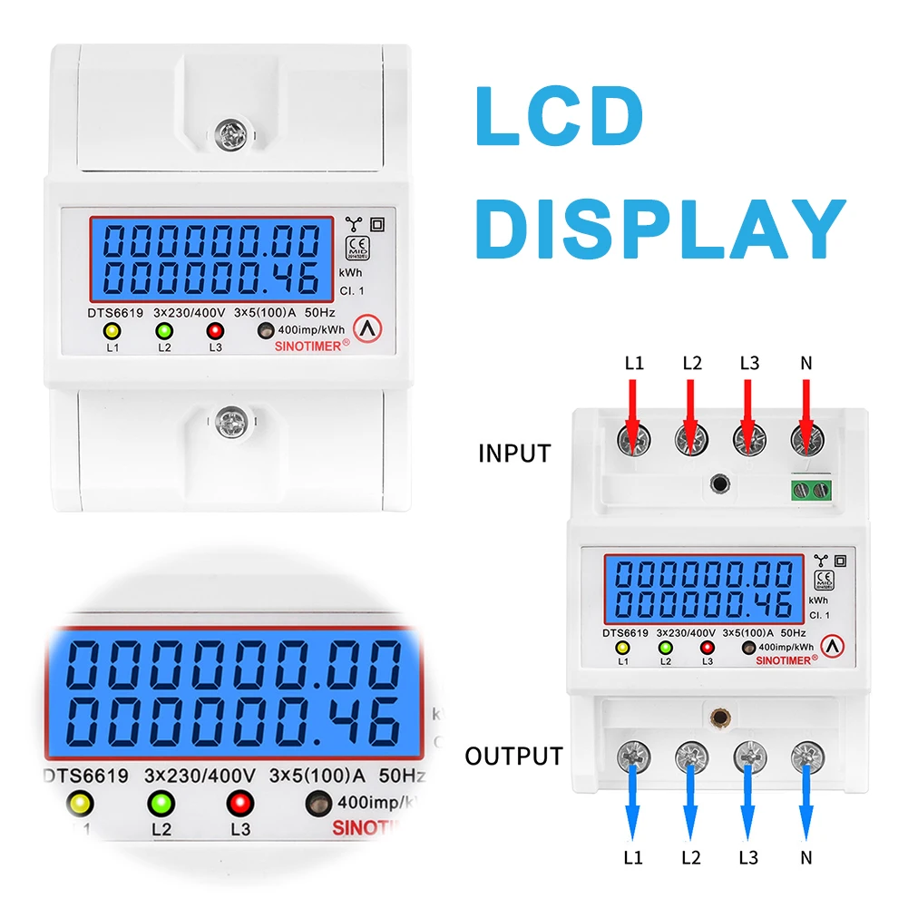 Din Rail 3 Phase 4 Wire Energy Meter AC 380V 100A 50/60Hz Electricity Usage Monitor LCD Backlight kWh Meter Wattmeter