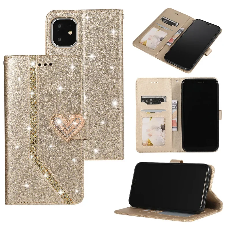 Glitter Pu Leather Flip Case for IPhone 16 15 14 13 12 11 Pro XS Max XR X 8 7 6s 6 Plus SE Wallet Card Slots TPU Frame Cover