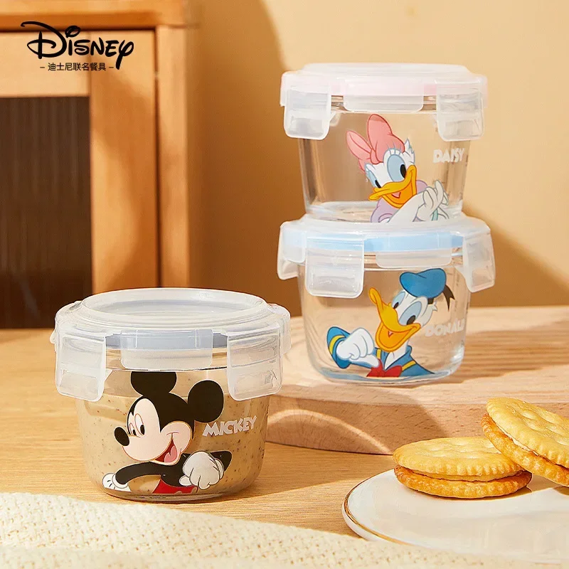 Disney Animated Mickey Mouse Minnie Donald Duck Cartoon Glass Lunch Box, Round Microwave Soup Box with Lid, Fruit Lunch Box