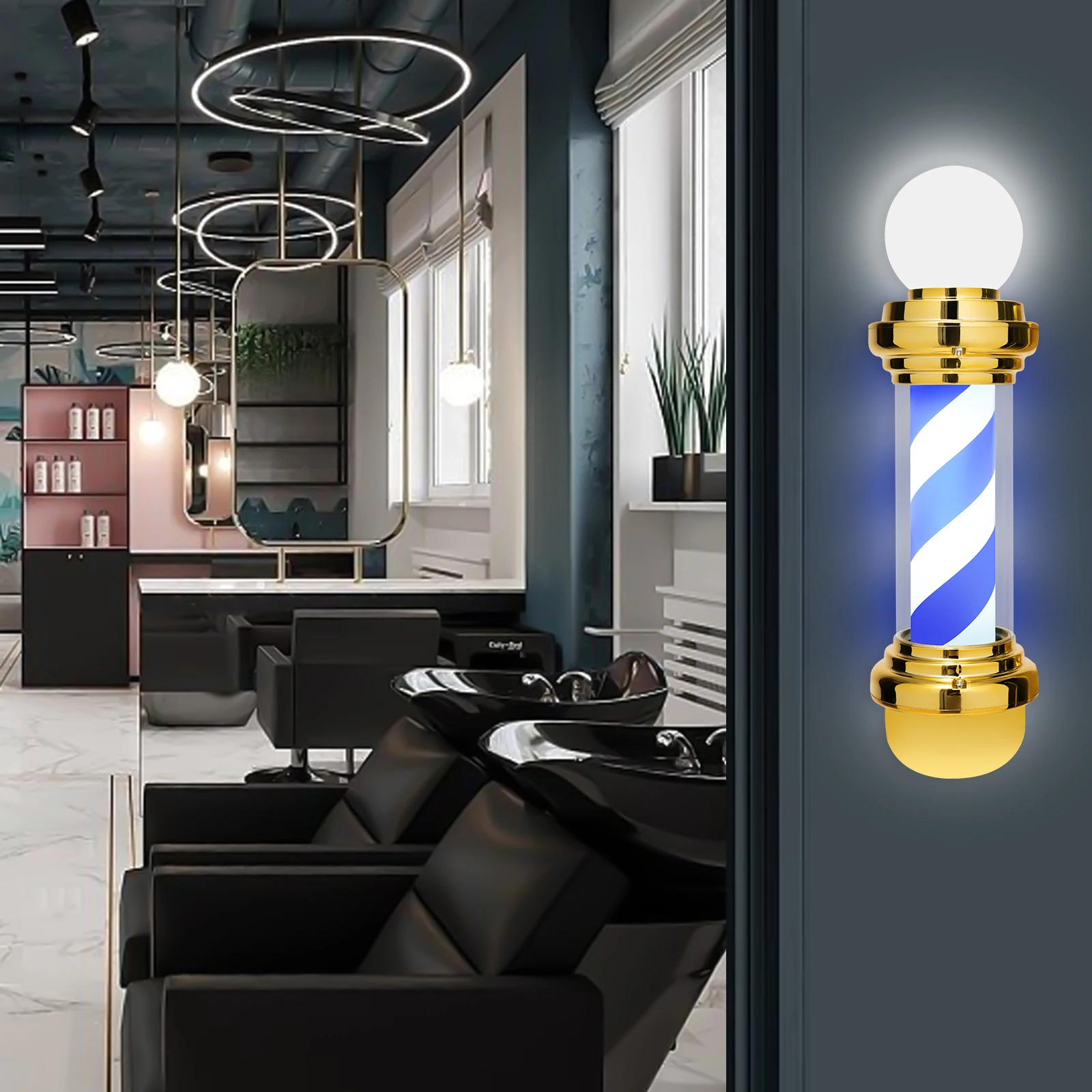 عمود حلاقة بلاستيكي مثبت على الحائط، ذهبي وأبيض وأزرق، صالون شعر دوار مفتوح مقاوم للماء لصالونات التجميل وصالونات التجميل