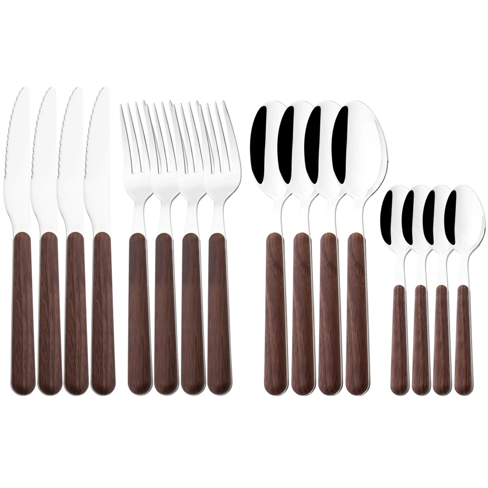 

16pcs Imitation Wooden Handle Dinnerware Set Mirror Stainless Steel Cutlery Set Knife Fork Teaspoon Silverware Western Tableware