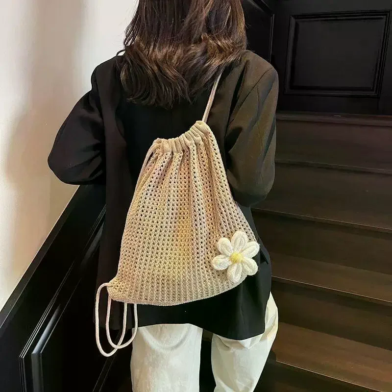 Solid Color Knitting Shoulder Bag Large Capacity Bohemian Crochet Backpack Hollow Out Beach Travel Female Shopping Tote Bag