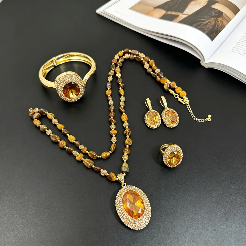 Maillard Style Sultanite Crystal Stone Jewelry for Women Necklace Earring Ring Bracelet Sudan Stone Tigers Eye Gemstone Sets