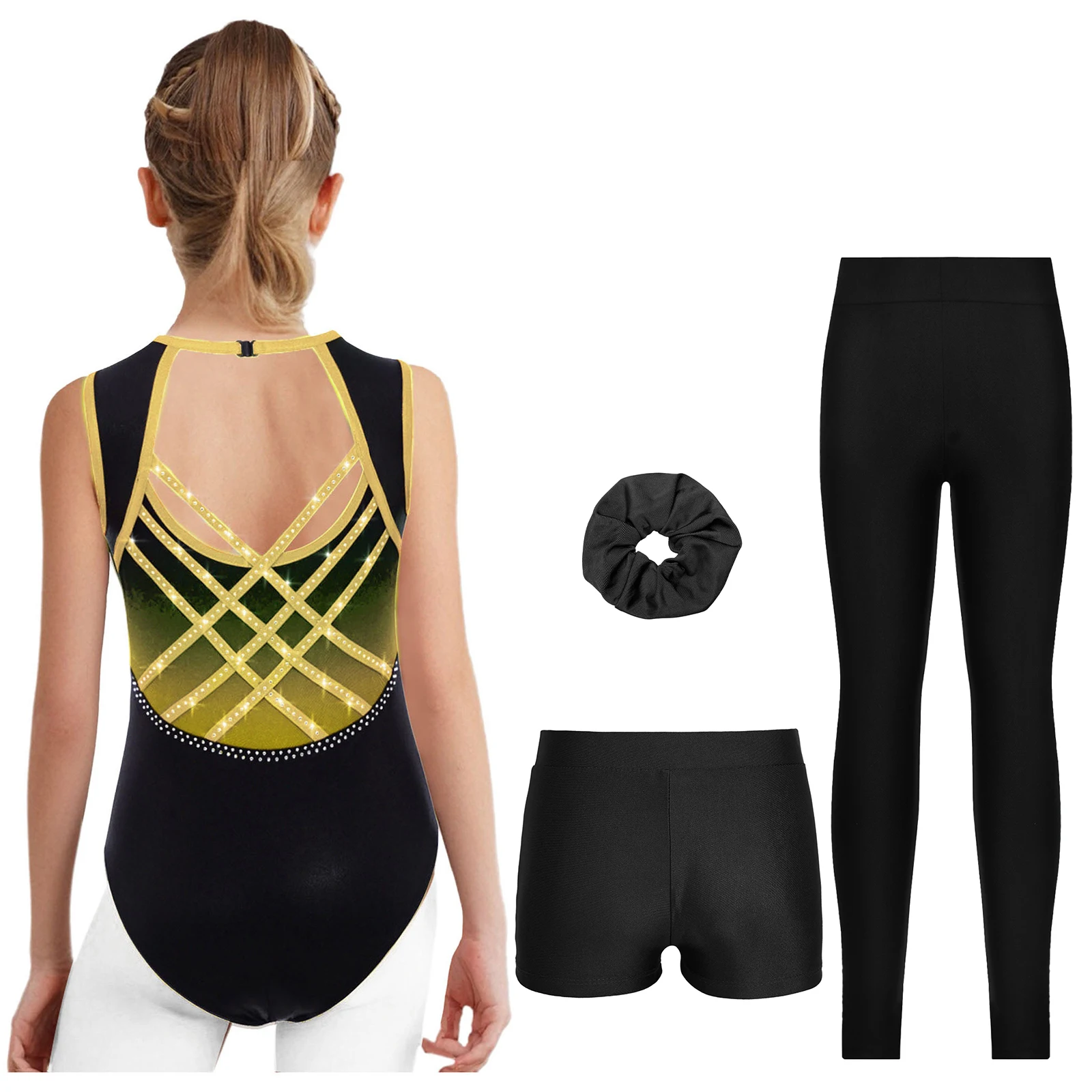 Kinder Mädchen Ballett Gymnastik Sets Sport Eiskunstlauf Tanz Outfit mit Strasssteinen Ärmelloses Trikot und Shorts Leggings