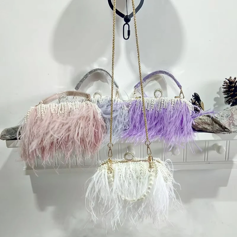 Bolso de lujo para mujer, bolso con cadena de anillo de diamantes y perlas de plumas de avestruz, bolsos peludos para mujer, bolso de mano de noche