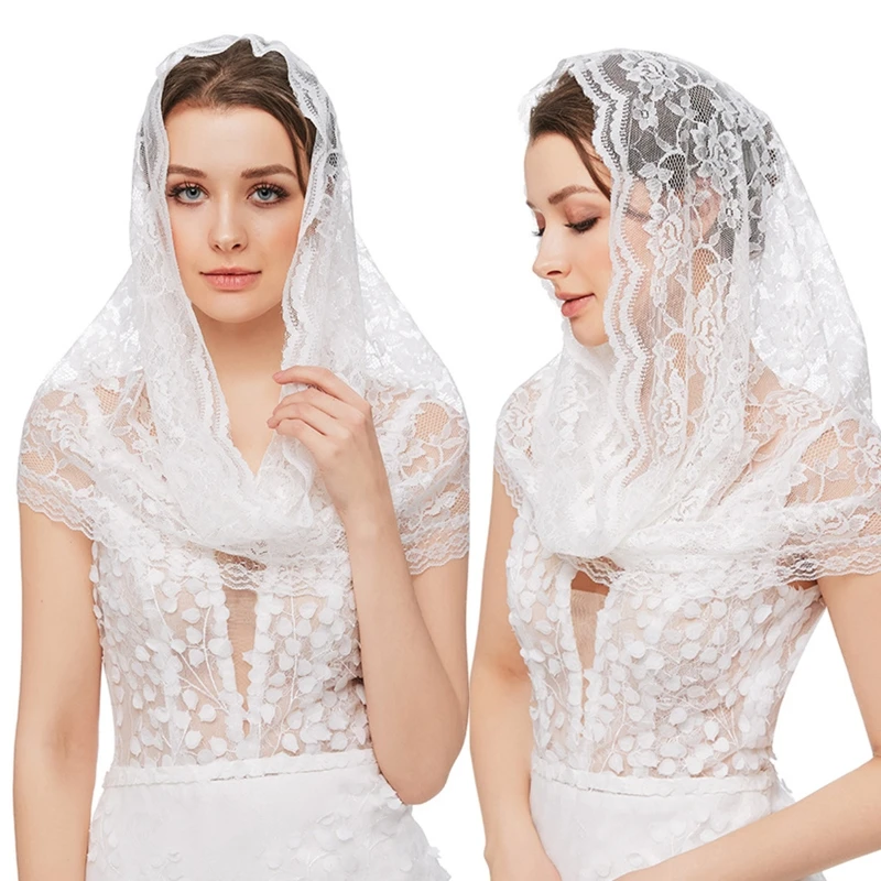 E15E Latin Mass Veil Floral Lace Mantilla for Church Veils Scarf for Head Co