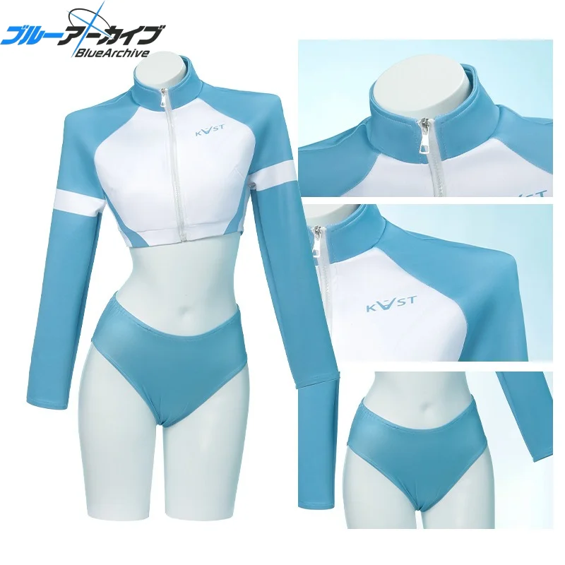 Blue Archive Sorai Saki Swimsuit Cosplay Full Set Blue White Rash Guard Suit Wig for Women Game Convention Halloween