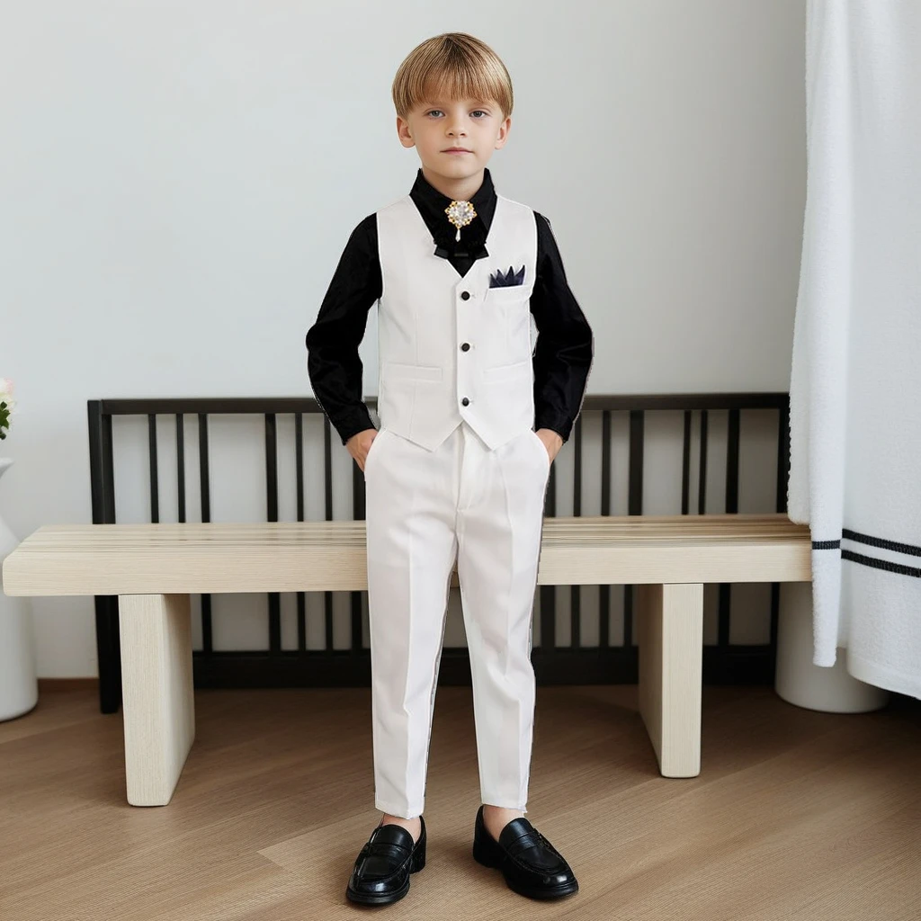 Children Vest Blazers Set White British Handsome Spring 2025 Boys Suits for Weddings Teenage Kids Piano Walk Performance Clothes