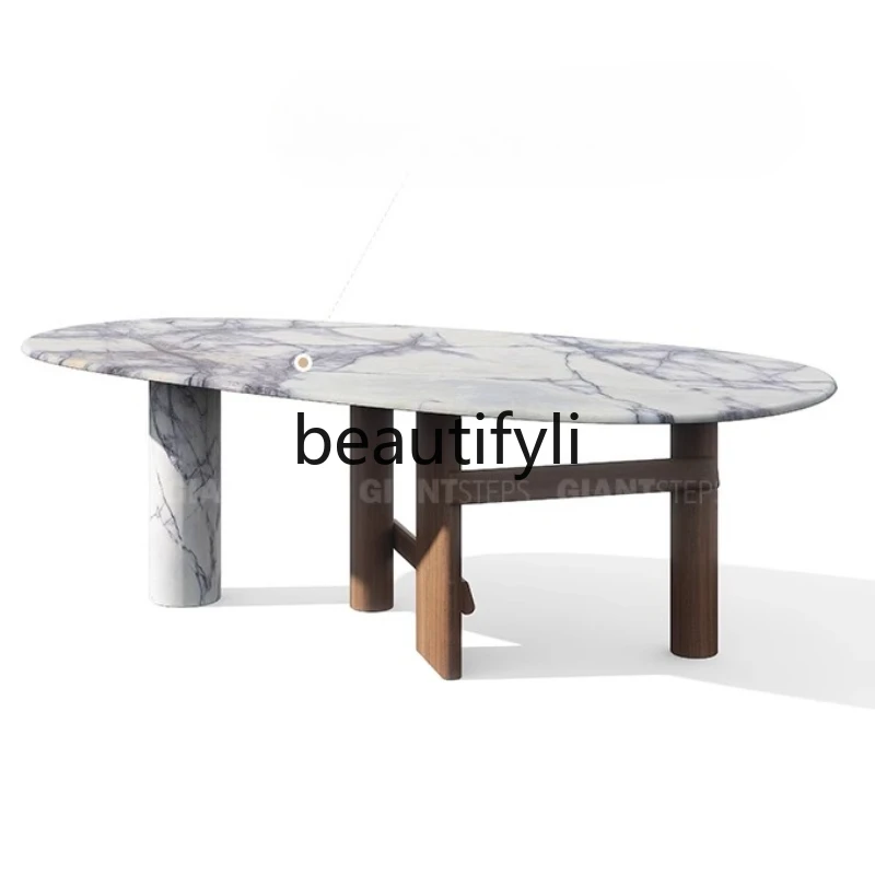 

Marble dining table Italian light luxury large flower green luxury stone high-end villa home long dining table combination