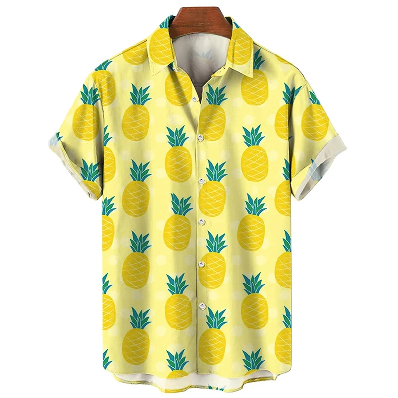 Camisa con estampado 3D de fruta de piña para hombre y mujer, camisas hawaianas de coco a la moda para playa, fiesta de vacaciones, camisetas informales con solapa con botones