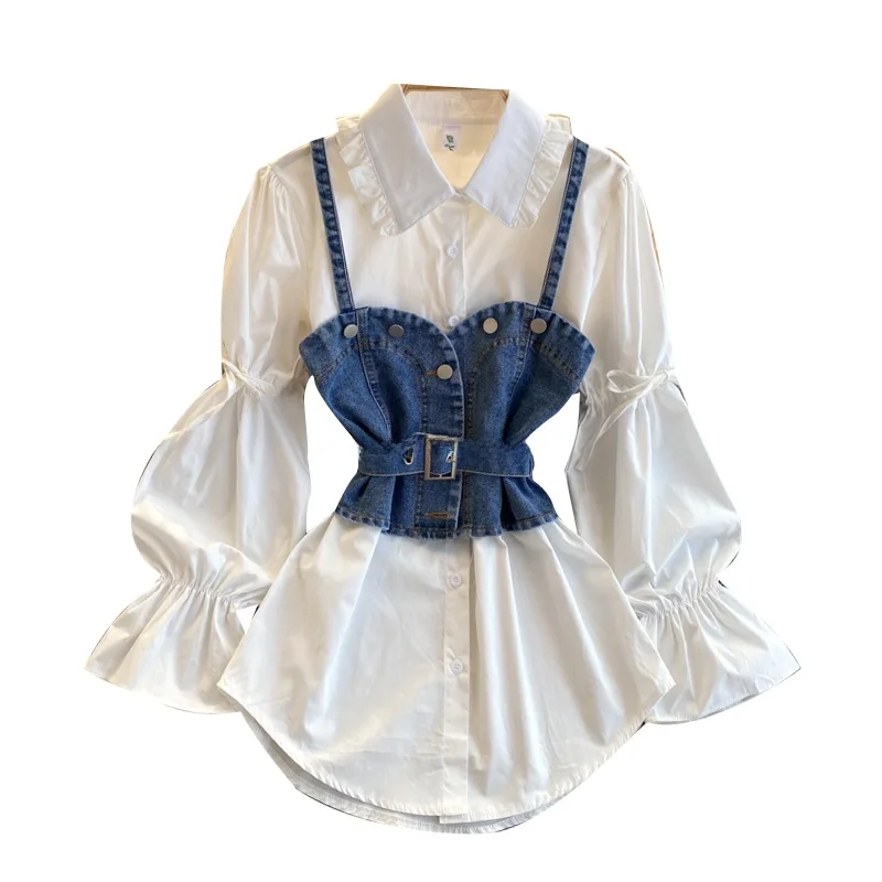 Conjunto de duas peças estilo retrô de Hong Kong: csa fena com design soltinho e manga bufante e colete jeans tipo ...