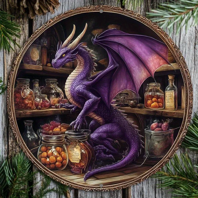 CIFBUY Round Aluminum Wall Sign 8x8 Inch, Dragon Pattern Metal Ornament for Bar Kitchen Cafe Office Home Wall Decor