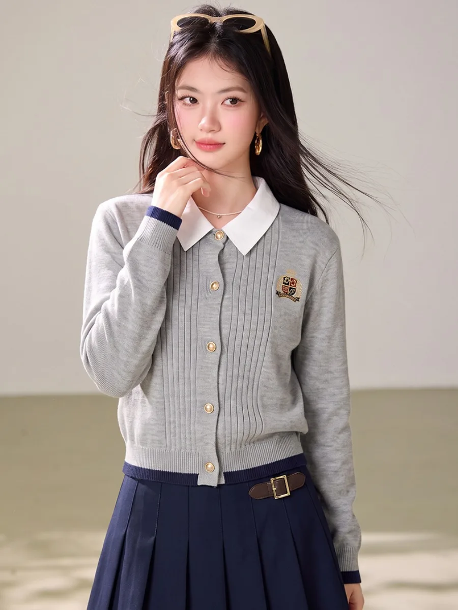 Gray Knitted Cardigan Women's College Style Embroidered Patch Color Block Long Sleeve Short Coat Soft Breathable Casual Wear