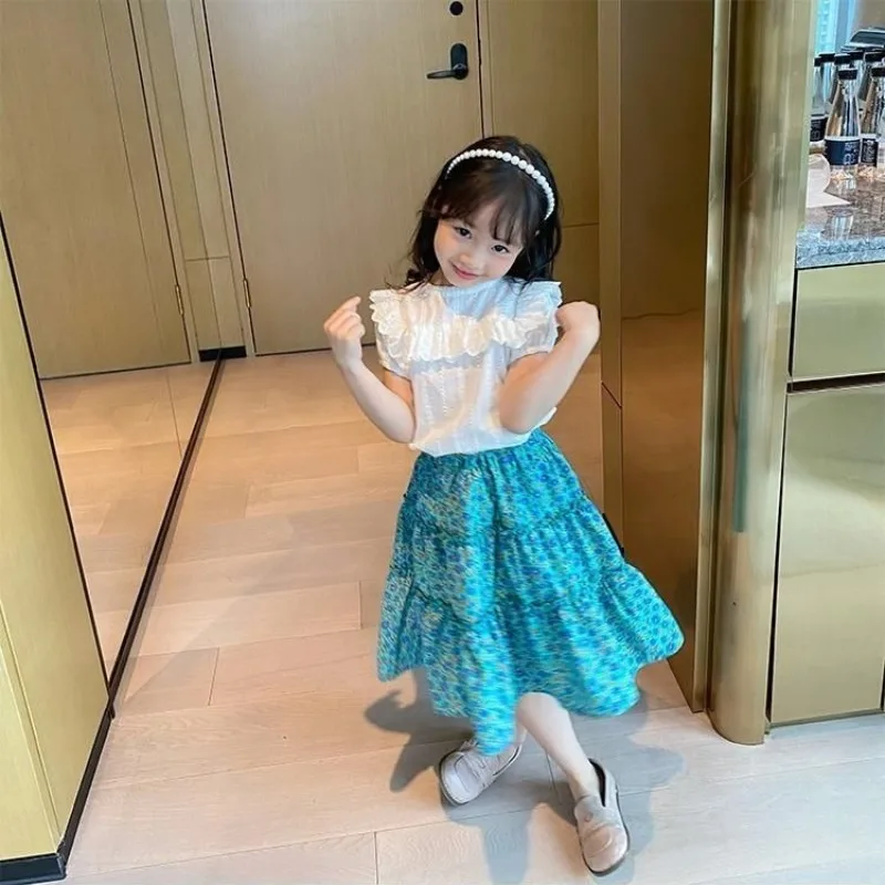 Summer Girls' A line Skirt Trendy Heart Floral Print Lightweight Chiffon Mini Skirt for Kids Versatile School Casual Mix Match​