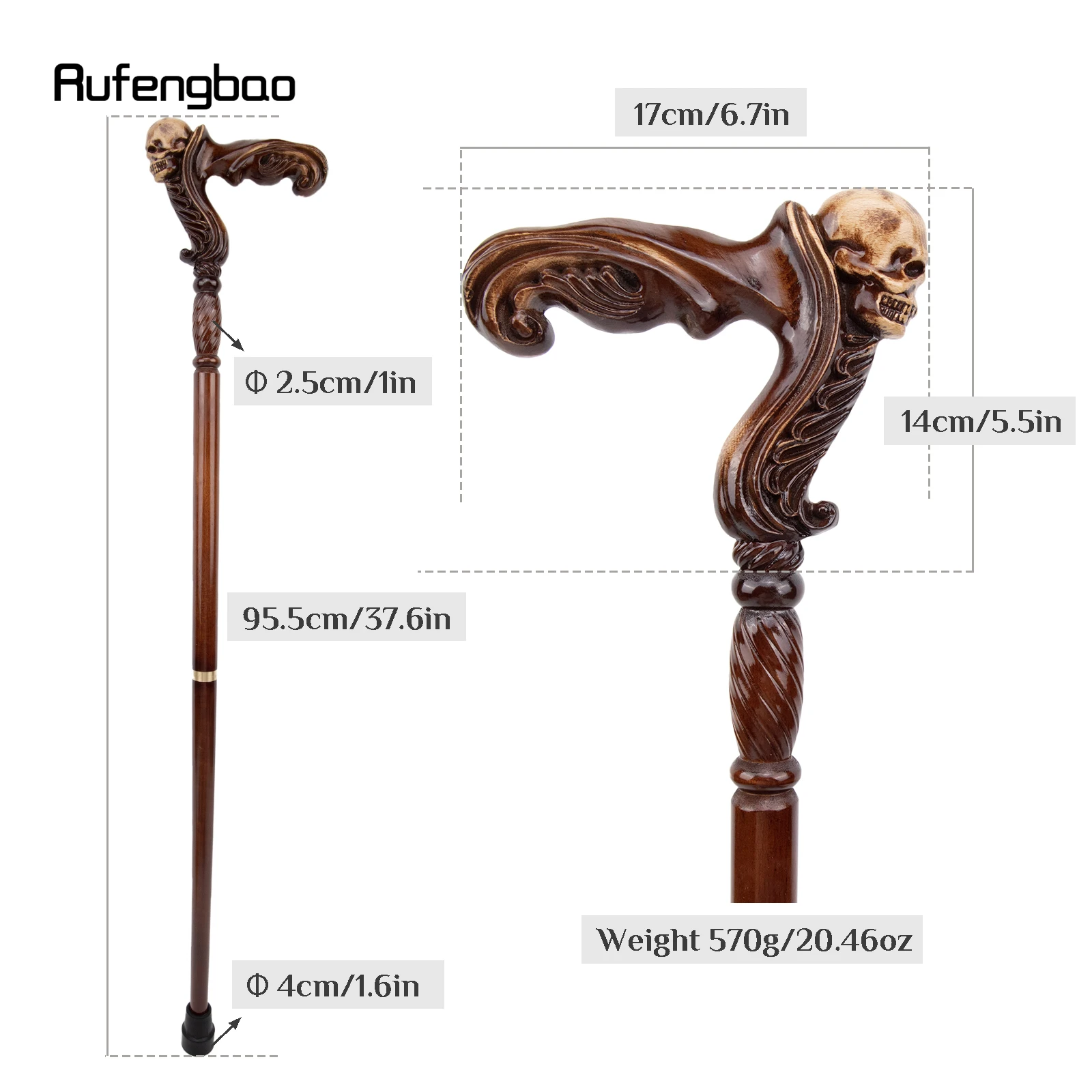 Skull Brown Wooden Fashion Walking Stick Decorative Vampire Cospaly Party Wood Walking Cane Halloween Mace Wand Crosier 93cm