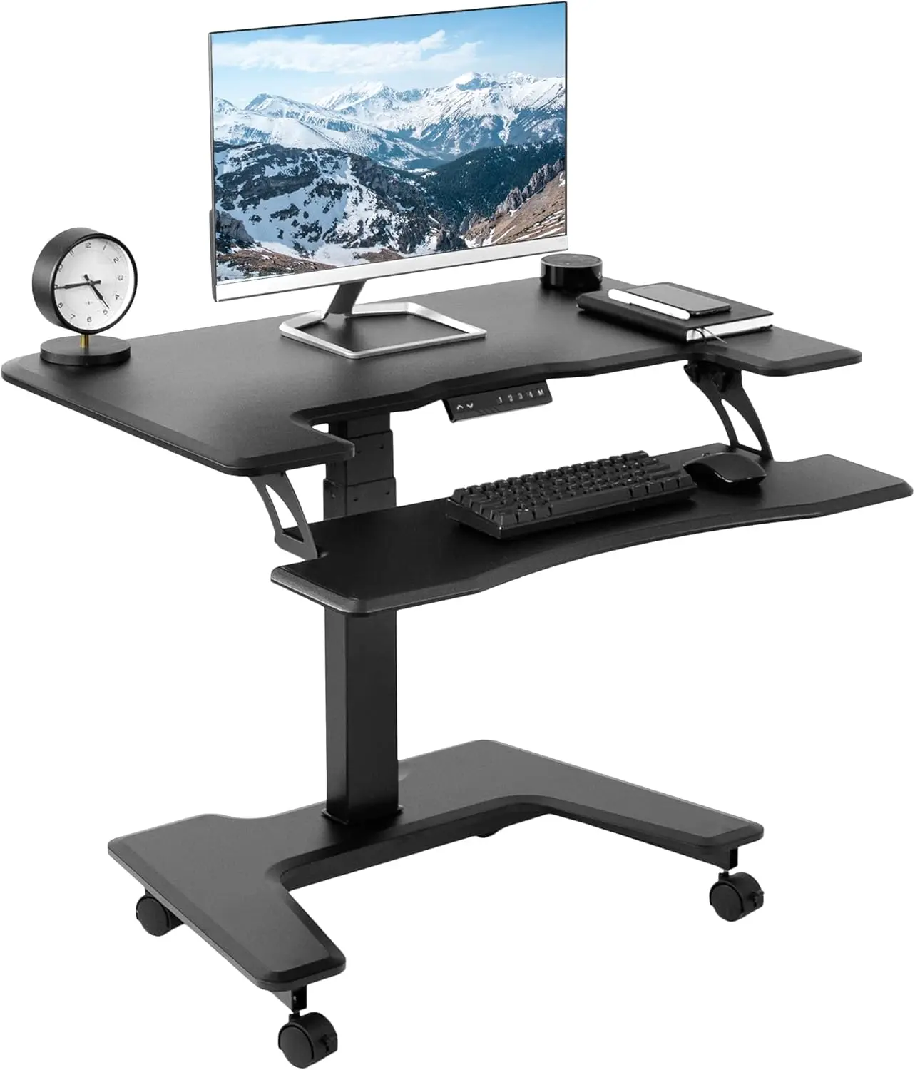 

Black Electric Mobile Height Adjustable 36 inch Dual Platform Standing Desk with Wheels, Rolling Small Space Table, Sit Stand