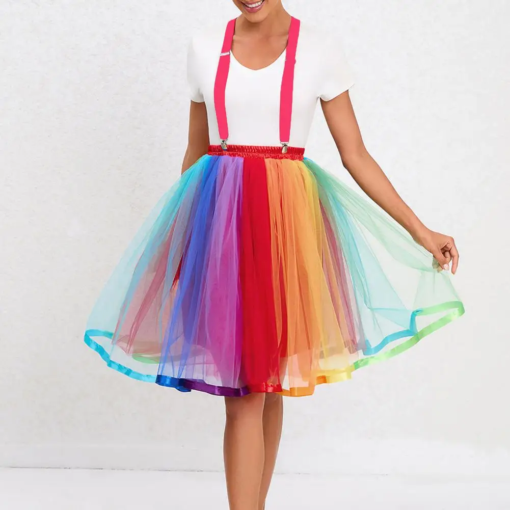 

Women Full Skirt Halloween Mesh Skirt Rainbow Color Multi Layer Mesh Skirt with Elastic Waist Ribbon Edge Women's Colorful Gauze