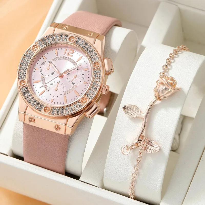 2PCS Set Pink Luxury Rhinestone Watches Women Crystal Quartz Bracelet Watches Wristwatch Ladies Dress Wristwatch Clock Relogio