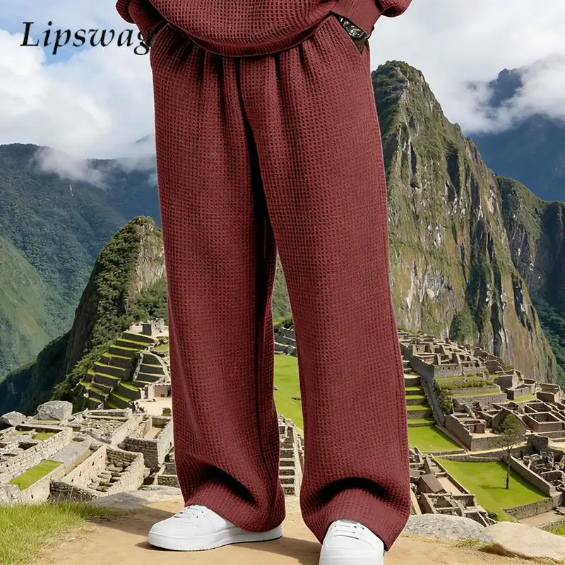 

Trendy Waffle Textured Mens Trousers 2026 Spring Autumn Outdoor Casual Solid Color Loose Sweatpants Vintage Men Straight Pants