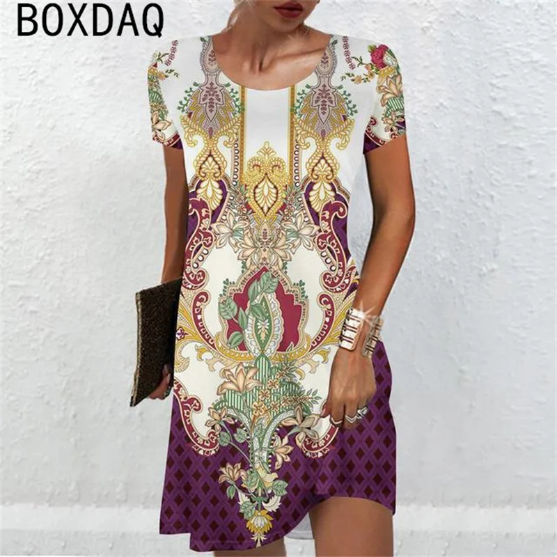 

3D Featured Ethnic Printed Dresses Women Short Sleeve O-Neck Casual Dress Big Size 6XL Summer Female Loose Mini Dress