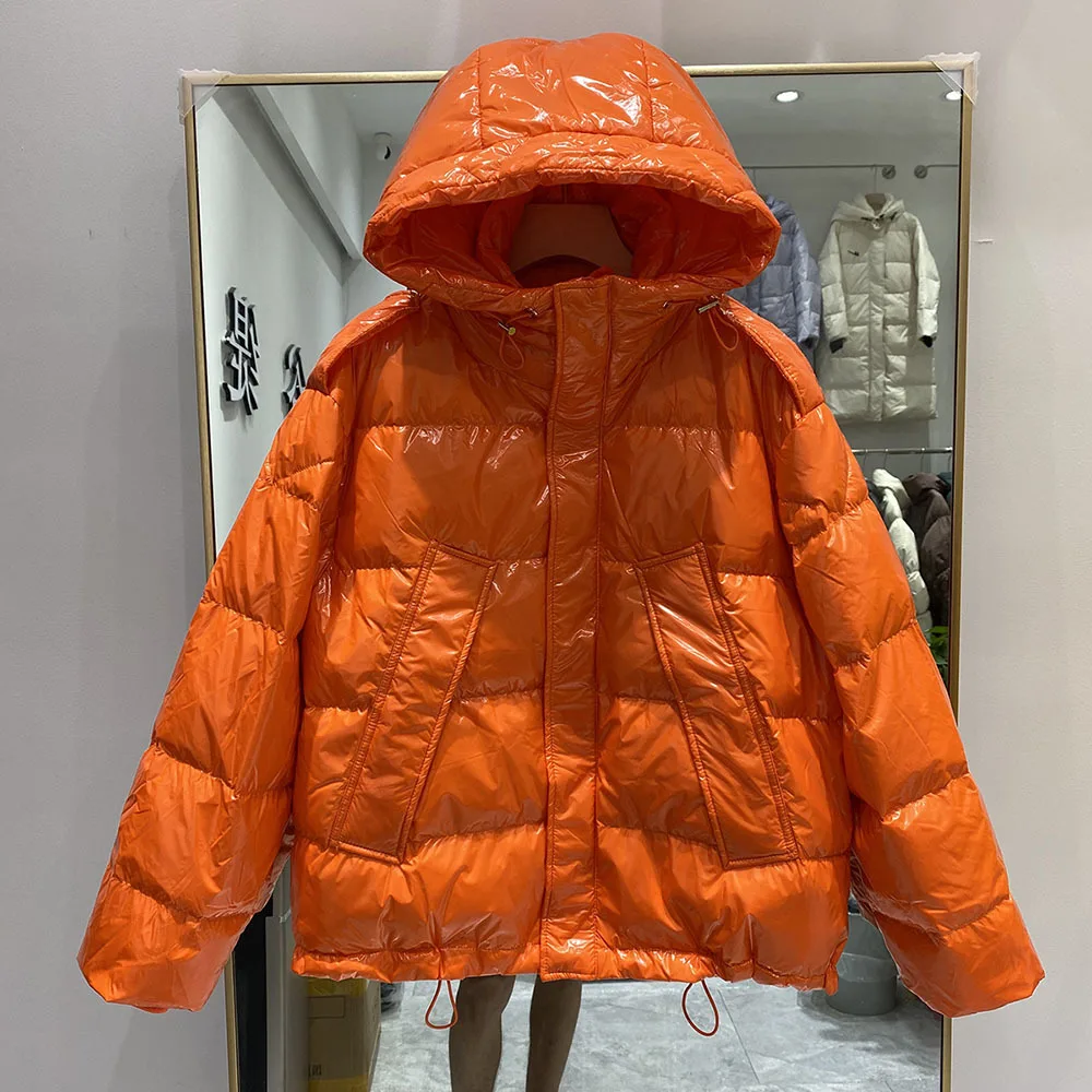 Glossy Short Puffer Jacket Korean Hooded Shiny Down Jackets Solid Colors Drawstring Long Sleeve Winter Parkas Female Coat