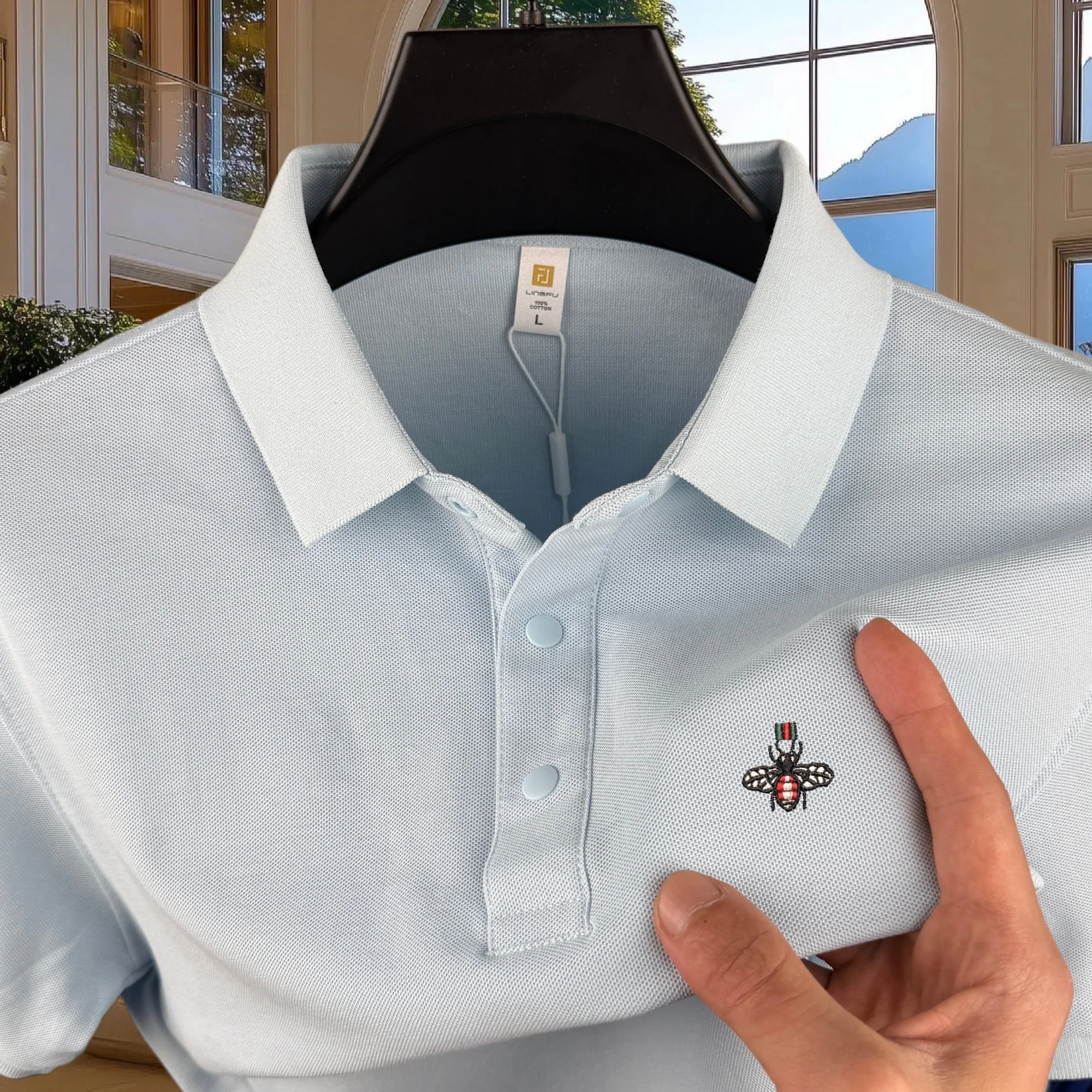 100% pure cotton high-end brand men's short sleeve polo shirt 2026 summer luxury fashion bee embroidery golf top casual T-shirt