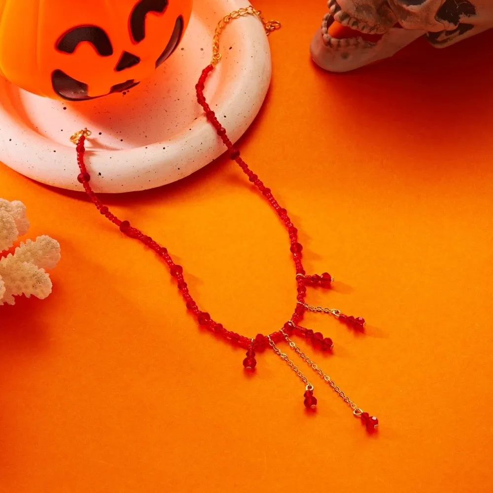 Retro Gothic Blood Drop Necklace Red Glass Halloween Collarbone Chain Tassel Beads Halloween Choker Party