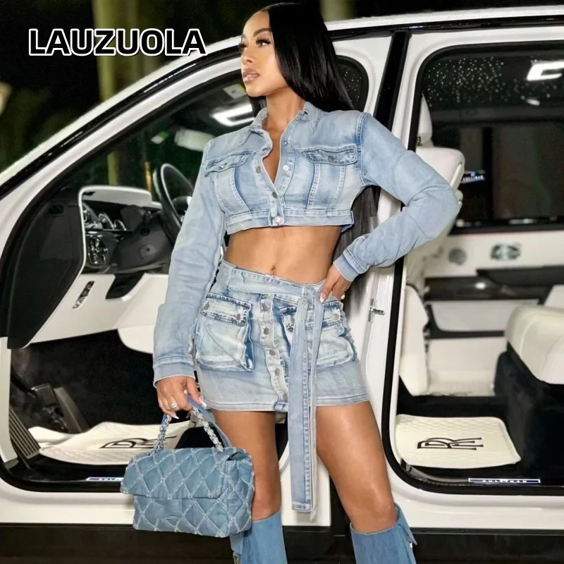 

Two Piece Women Blue Denim Cropped Jacket And Skirts Matching Set 2025 New Autumn Winter Fashion Multi-Pocket Skirt Suit Outfits