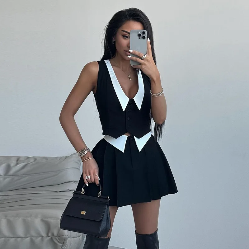 Streetwear Contrast Color Two Piece Set Outfits Elegant V-neck Sleeveless Button Vest Tops+Pleat Mini Skirt Suit Summer Slim Set