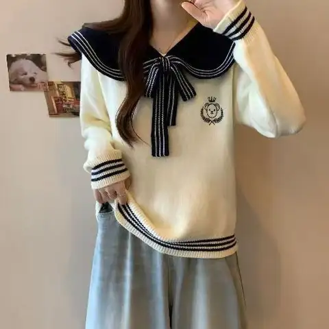 उच्च गुणवत्ता वाले जेके नेवी स्वेटर महिलाओं के लिए वसंत ऋतु के नए नाविक कॉलर लंबी आस्तीन वाले गर्म बुने हुए स्वेटर फैशन प्रीपी स्टाइल निटवेअर 10 best sales नाविक शीर्ष - №4