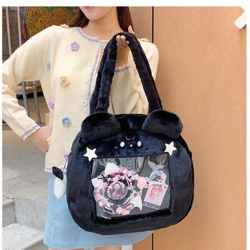 JIAERDI Plush Transparent Black Ita Bag Women Autumn Winter Harajuku Shoulder Crossbody Bags Girls Large Capacity Itabag Handbag