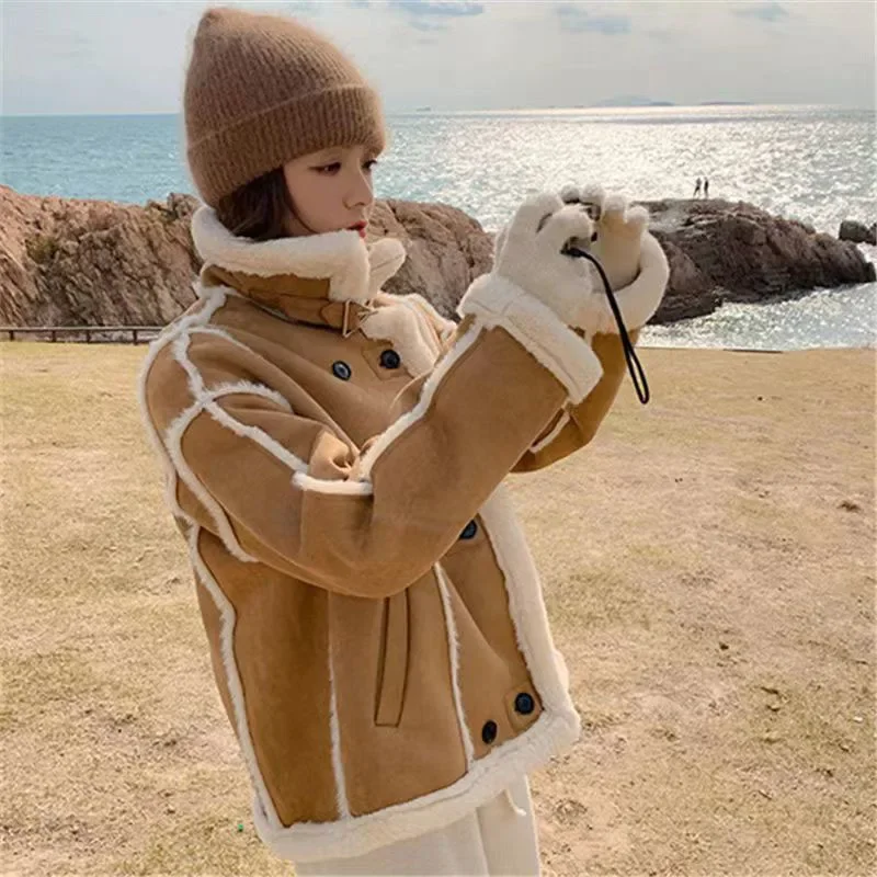 GIDYQ Winter Warm Lamb Fur Jacket Women Vintage Casual Motorcycle Cotton Coat Korean Fashion Thickened Snow Parka Outerwear New