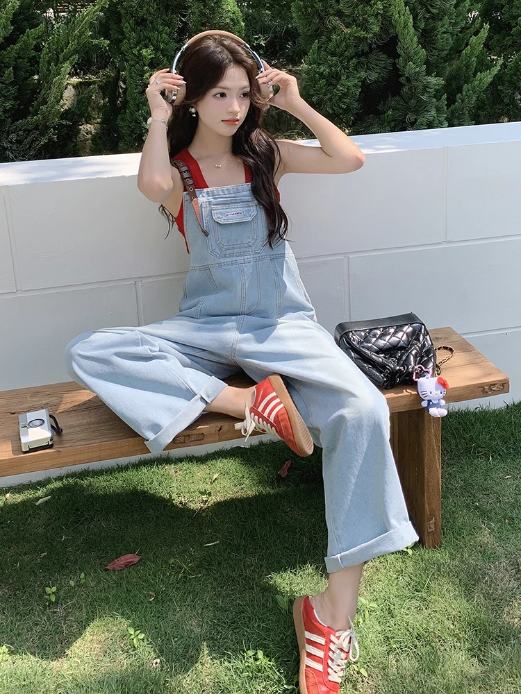 

Корейские джинсовые комбинезоны в студенческом стиле для женщин: свободные, стройнящие, повседневные, летние, новинка