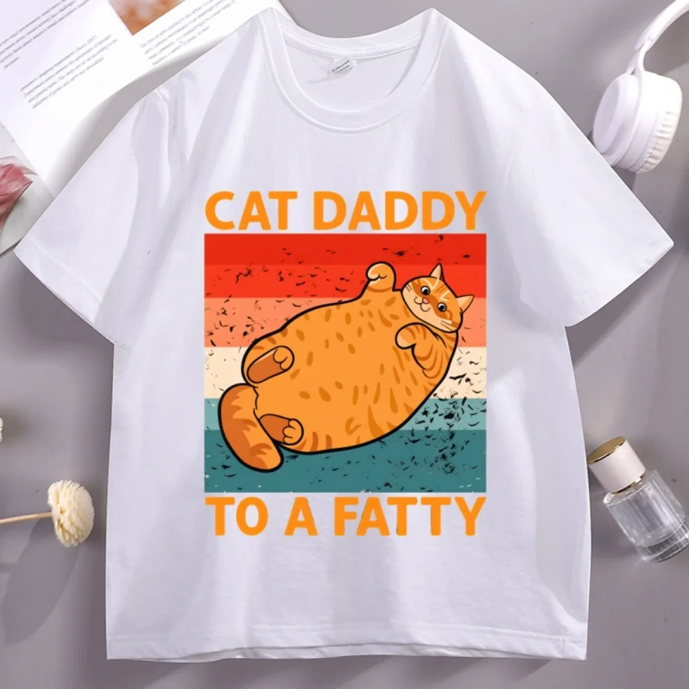 Cat Daddy To A Fatty Funny T-Shirt Fathers Cat Lover Tee Retro Cotton Short Sleeve T-shirt Streetwear Round Neck Breathable Top