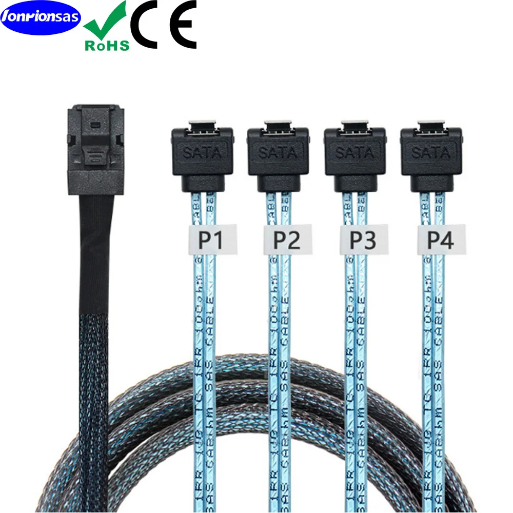 

Internal Mini SAS HD SFF-8643 to 4X SATA 7pin female 90 degree Hard Disk Data Server Raid Cable 0.5m