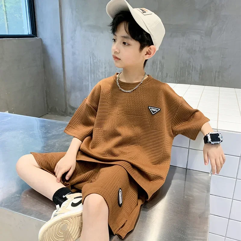 Kids Clothes Boys Summer Jacquard Weave T-Shirt & Shorts 2 Pieces Set Teenage Boy Ventilate Tracksuit Stereoscopic Lines Outfit