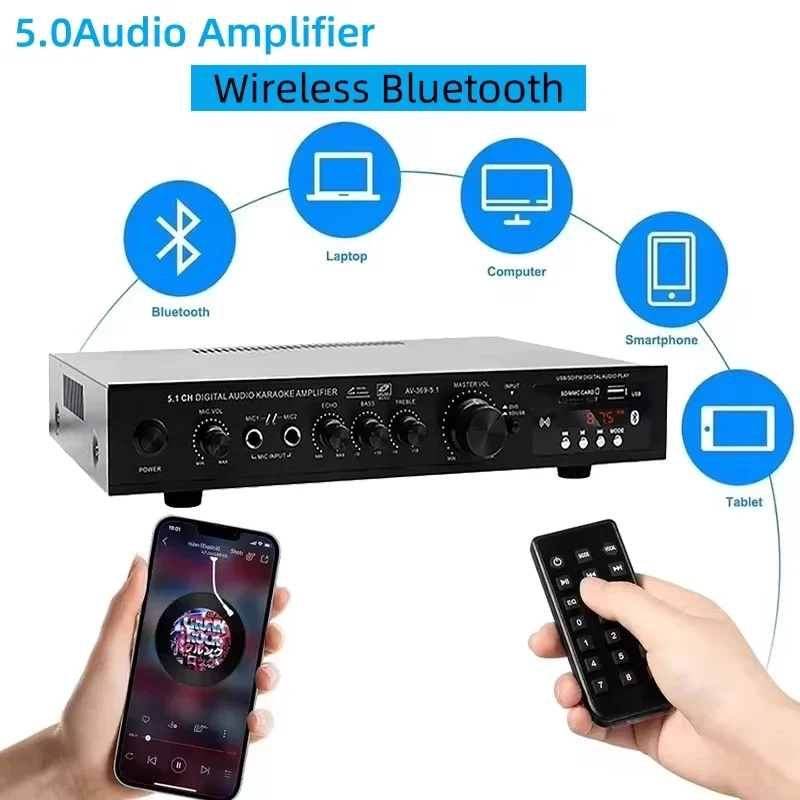 AV-369BT Altavoz Bluetooth 5.1, Amplificador de Sonido Estéreo, Receptor de Audio, 6 Canales, Componentes de Sistema de Audio Estéreo para Cine en Casa