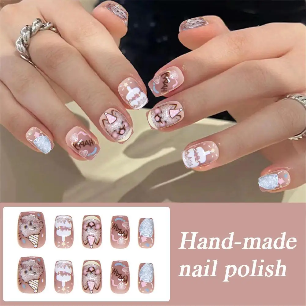 

10Pcs Ladies Cute Cat Meow Print Press on Nails Detachable Cute Fake Nails Puppy Detachable Nail Art Nail Patch Short Nail Art