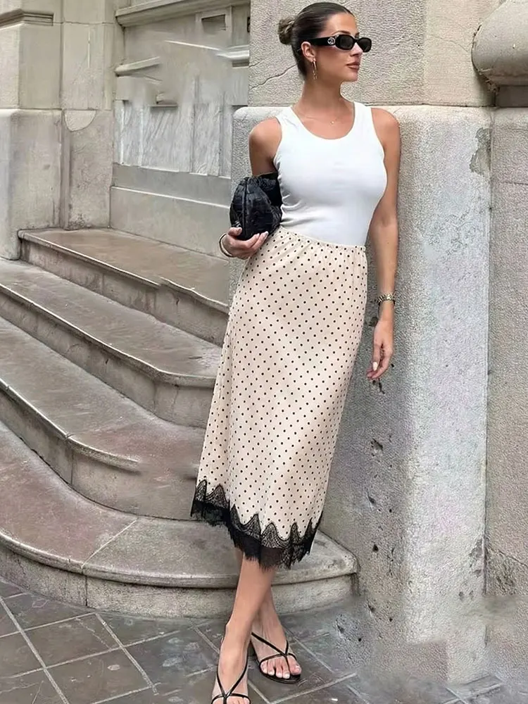 HH Women Elegant Fashion Polka Dot Lace Skirt Luxury Satin High Waist Straight Midi Skirt Female High Street Lady Skirts Mujer